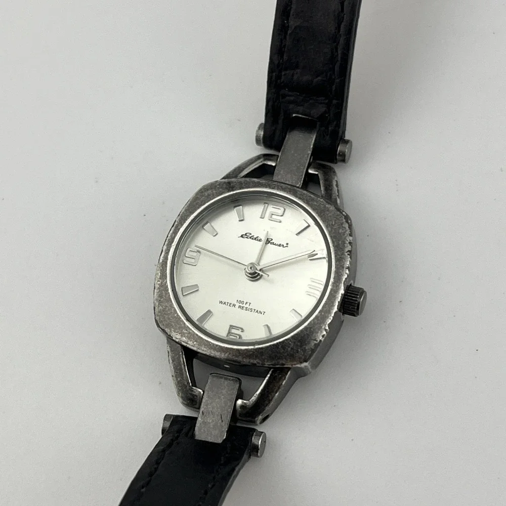Eddie Bauer Watch Women 23mm Case Black Leather Band V8V181- New‎ Battery
